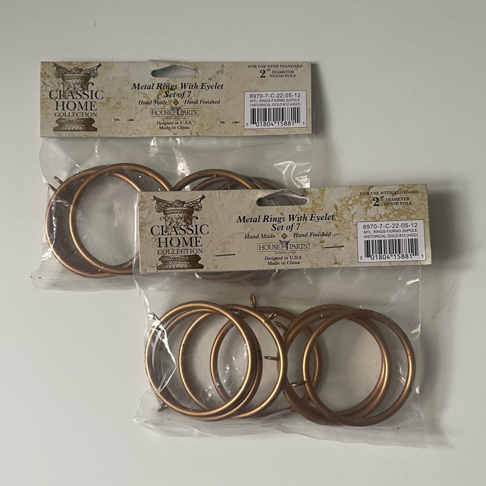 Classic Home 2” dia. Metal Curtain Rings w/ Eyelets - Historical Gold - 14 Rings
